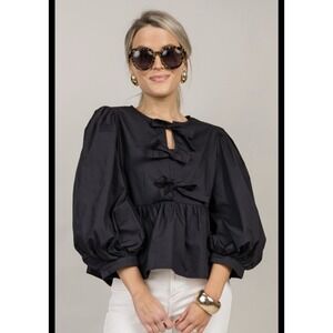 Jodifl NWT Women Black Peplum Babydoll Front Tie Blouse Top Balloon Sleeve Sz L